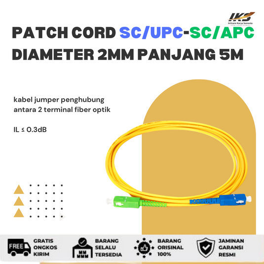 Patch Cord SC UPC - SC APC Fiber Optik Diameter 2mm Berbagai Ukuran