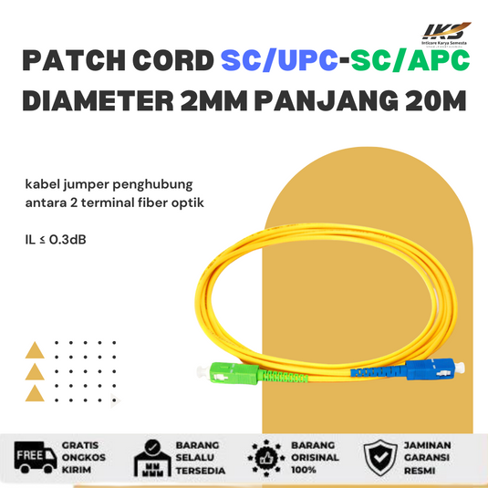 Patch Cord SC UPC - SC APC Fiber Optik Diameter 2mm Berbagai Ukuran