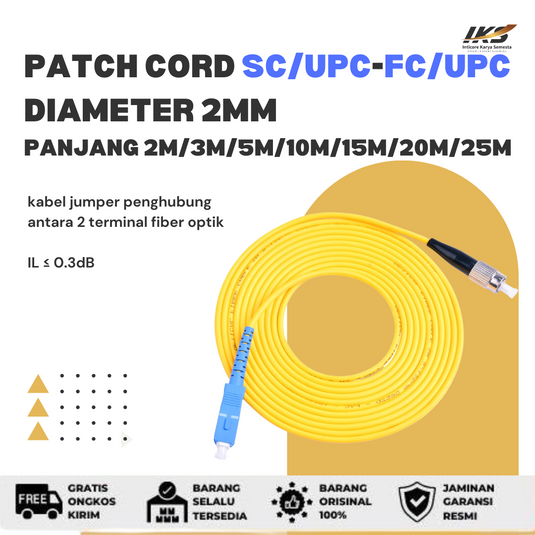 Patch Cord SC UPC - FC UPC Fiber Optik Diameter 2mm Berbagai Ukuran