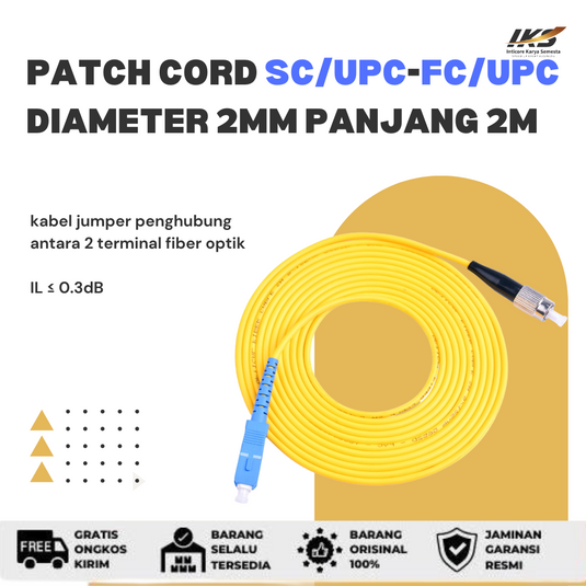 Patch Cord SC UPC - FC UPC Fiber Optik Diameter 2mm Berbagai Ukuran