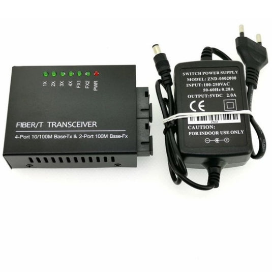 Fiber Optic Media Converter 2 Port FO + 4 Port LAN Fullset with Adaptor