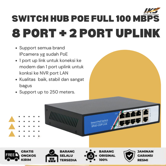Switch Hub PoE 8 Port + 2 Port Uplink 100 Mbps Full PoE Port