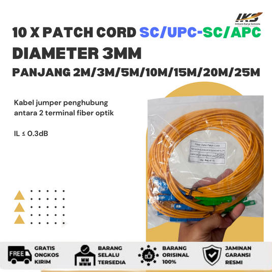 10 x Patch Cord SC UPC - SC APC Fiber Optik Diameter 3mm Berbagai Ukuran