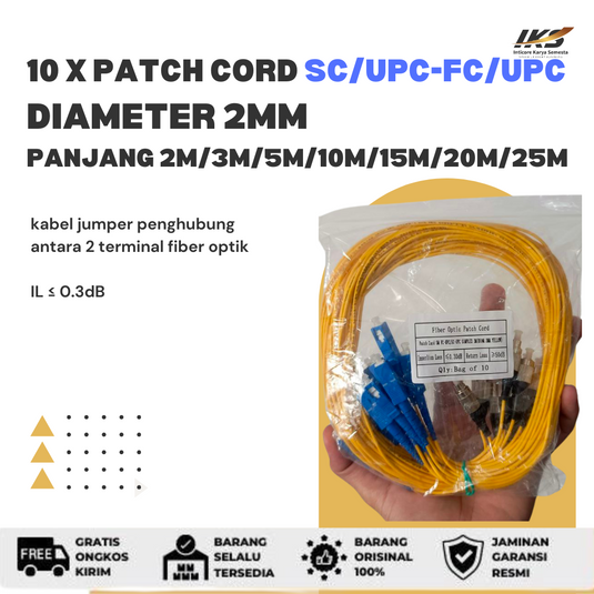 10 x Patch Cord SC UPC - FC UPC Fiber Optik Diameter 2mm Berbagai Ukuran