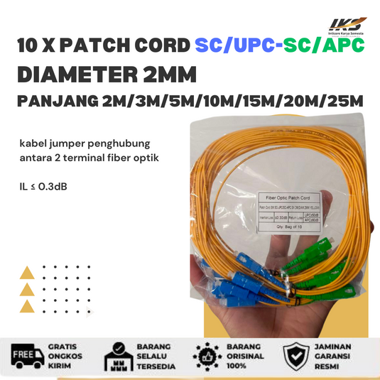10 x Patch Cord SC UPC - SC APC Fiber Optik Diameter 2mm Berbagai Ukuran