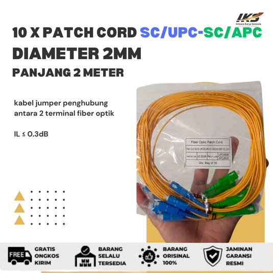10 x Patch Cord SC UPC - SC APC Fiber Optik Diameter 2mm Berbagai Ukuran
