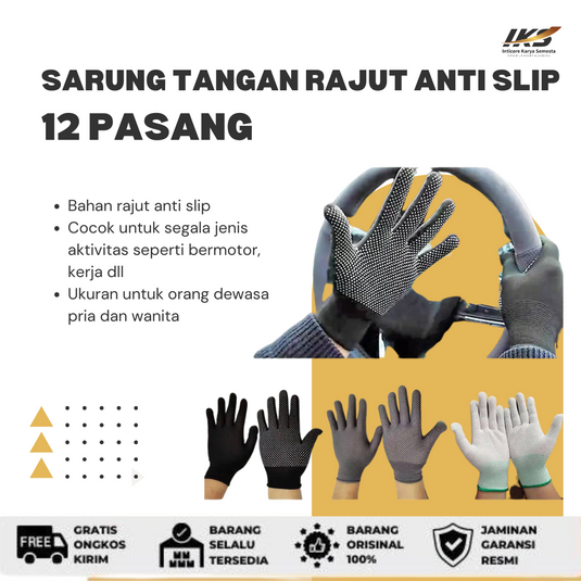 12 Pasang Sarung Tangan Rajut Anti Slip