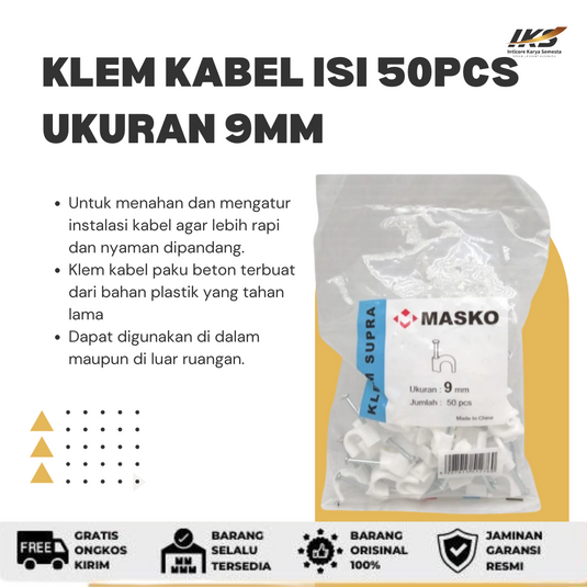 MASKO Klem Kabel Ukuran 9mm / Klem Pipa 9 mm Paku Beton (isi 50)
