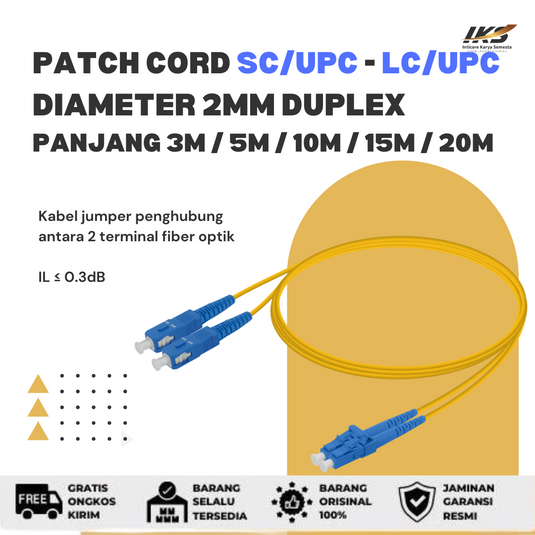 Patch Cord DUPLEX SC UPC - LC UPC Fiber Optik Diameter 2mm Berbagai Ukuran