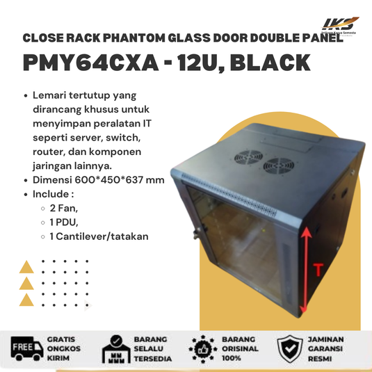 Close Rack Phantom Glass Door Double Panel PMY64CXA - 12U, BLACK